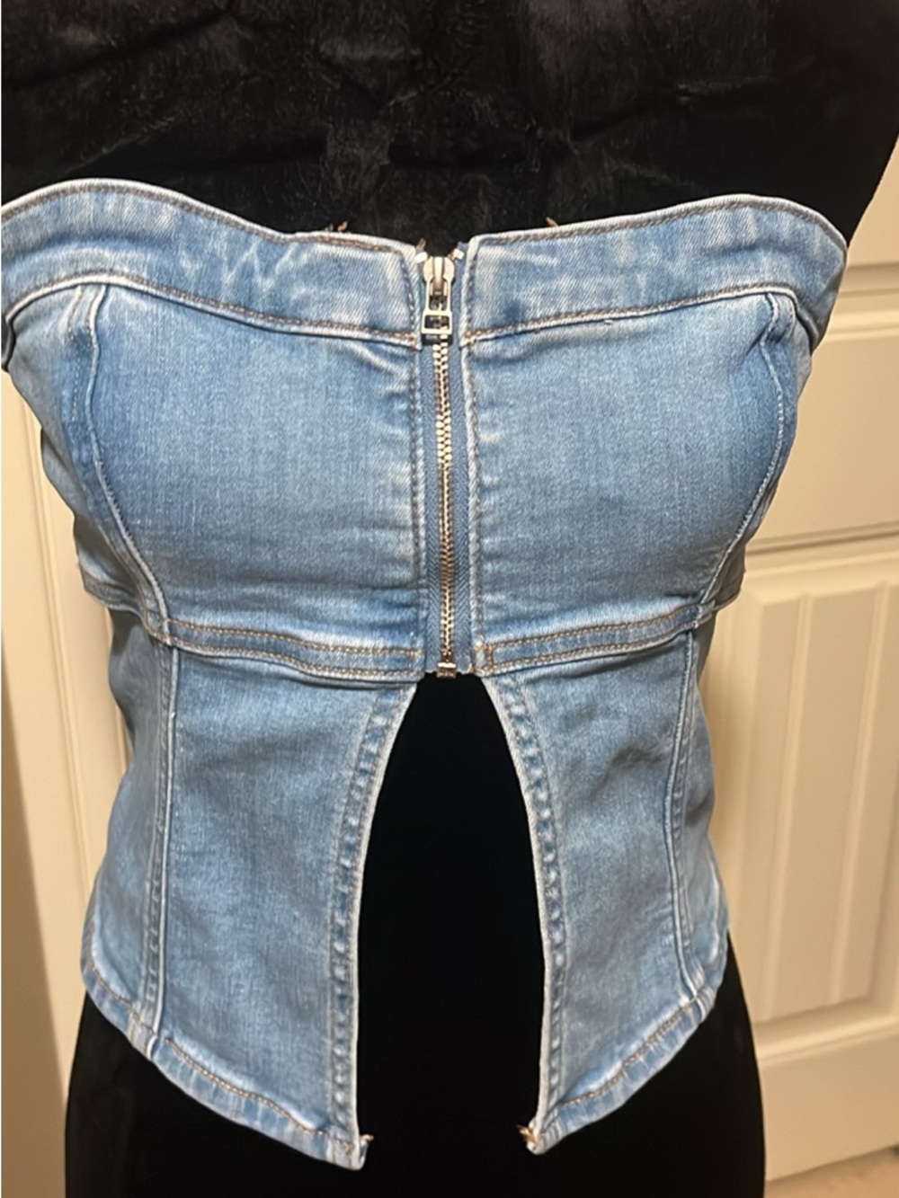 American Eagle Outfitters Light Blue Denim Strapless Bustier Top with Front Zip